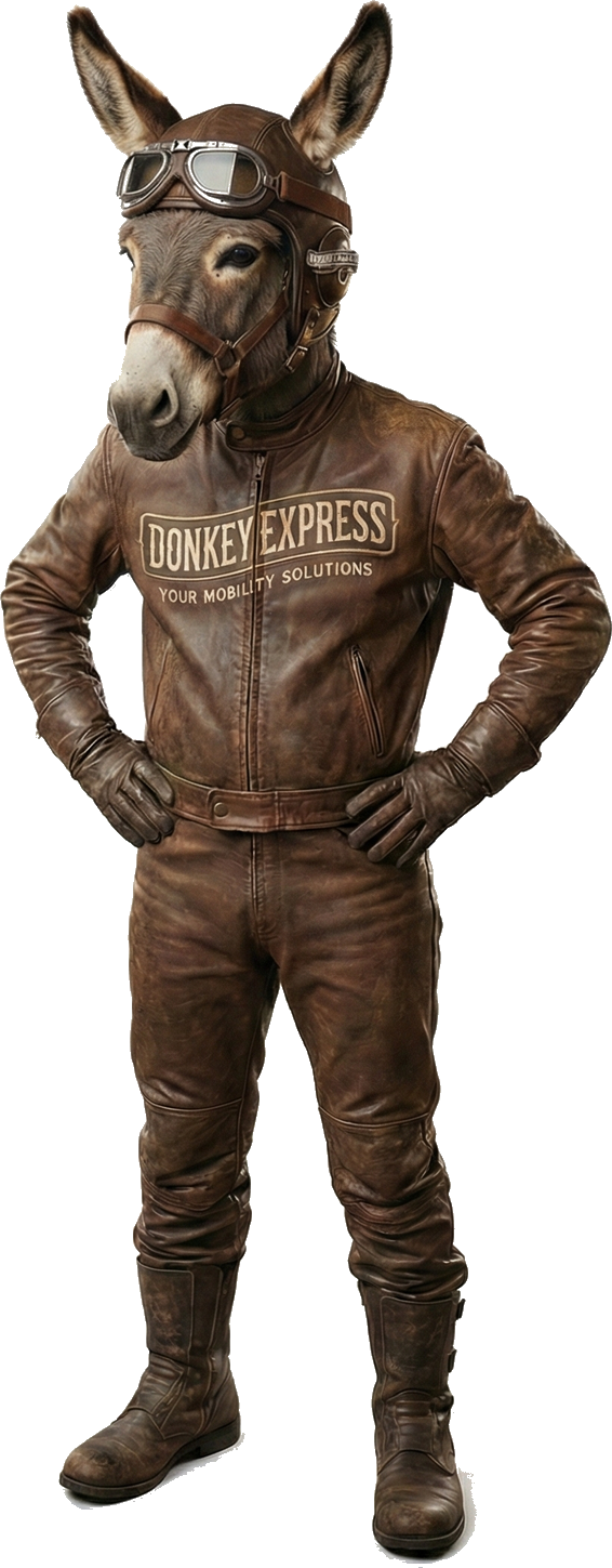 El Jefe, la mascota de Donkey Express, con traje de aviador de cuero